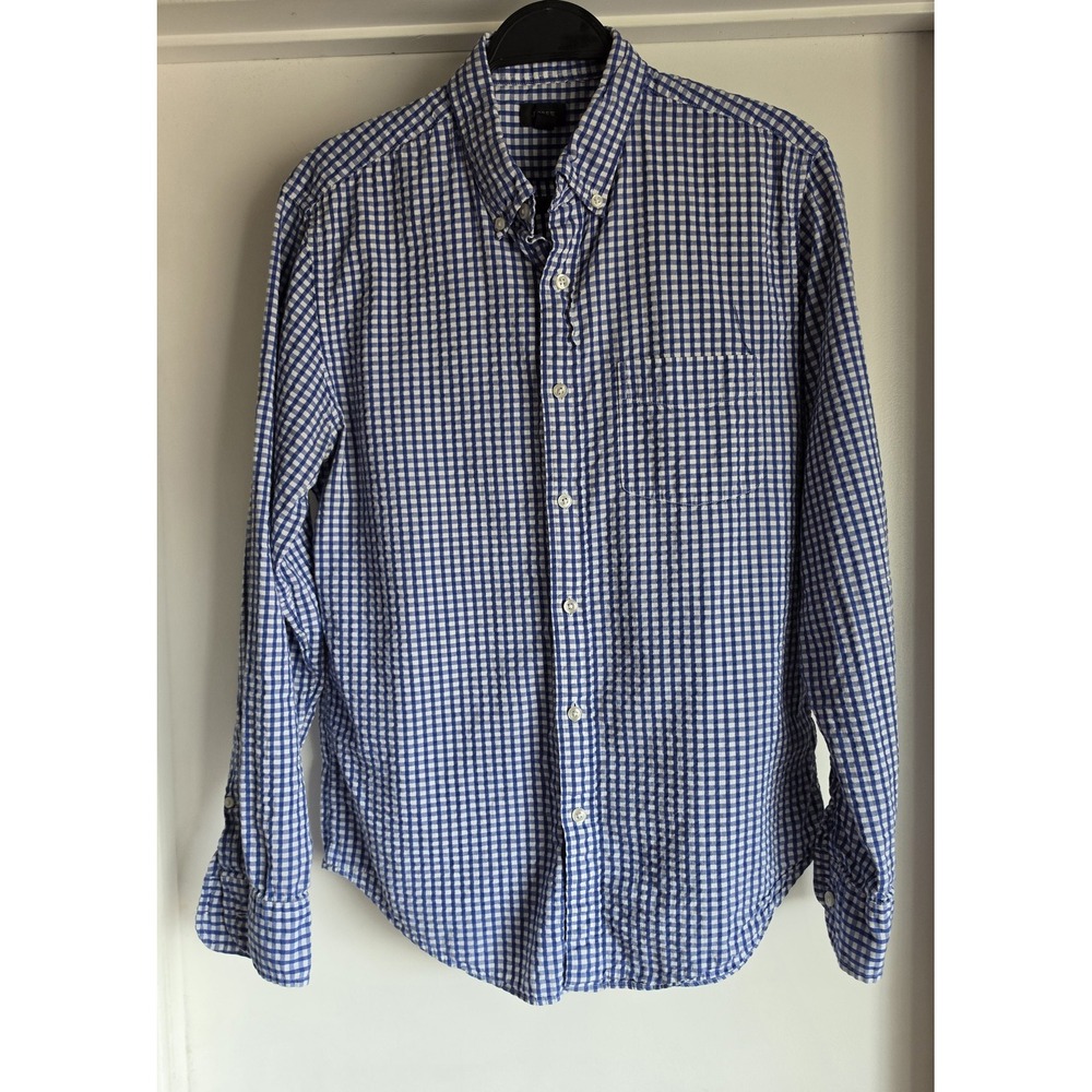 J.Crew Gingham Button-Up Shirt Men M Blue White Cotton Long Sleeve Classic